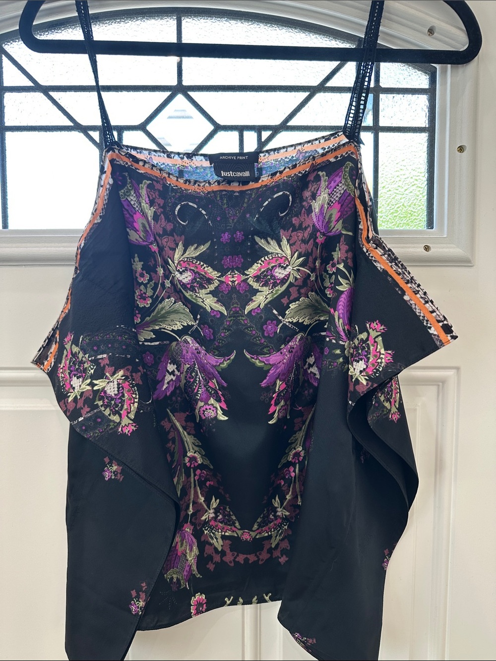 Just Cavalli Black Floral One-Shoulder Dress with Purple Accents